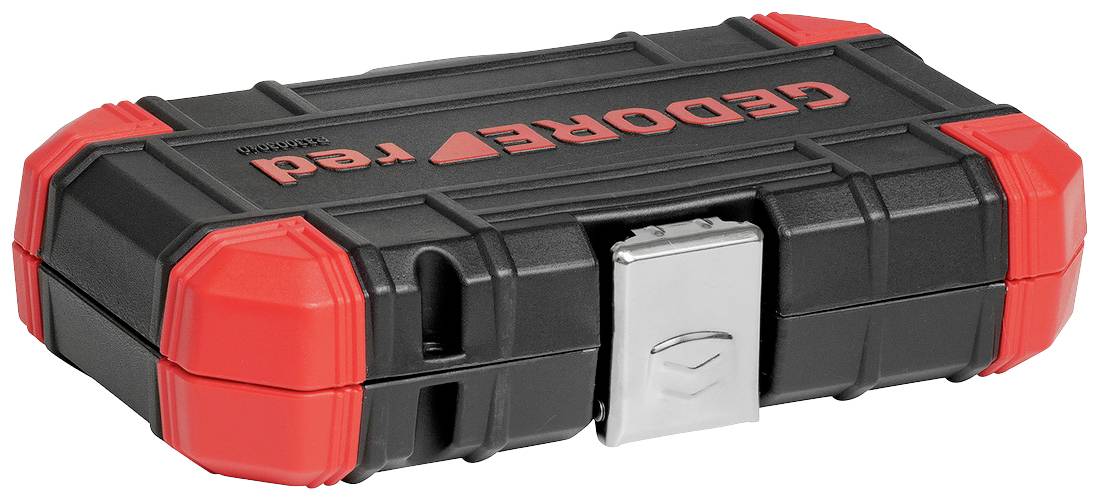 Black and red tool case with metal locking mechanism and 'GEDORE red' inscription on the lid.