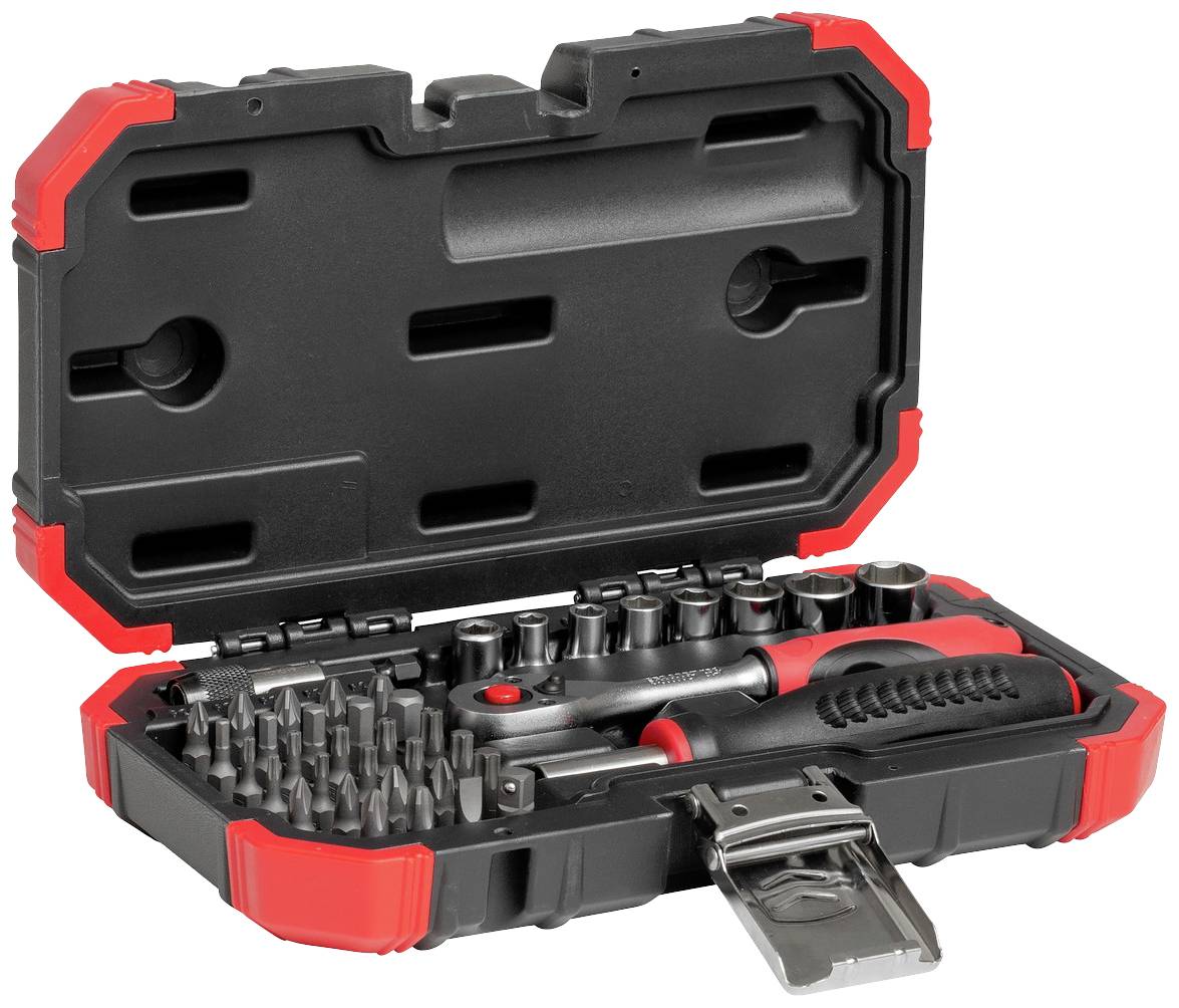 An open toolbox containing various screwdrivers, bits and socket wrenches. The case has black and red accents.
