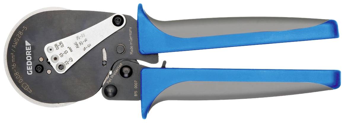 A blue and grey crimping pliers by GEDORE with multiple settings for different cable sizes.