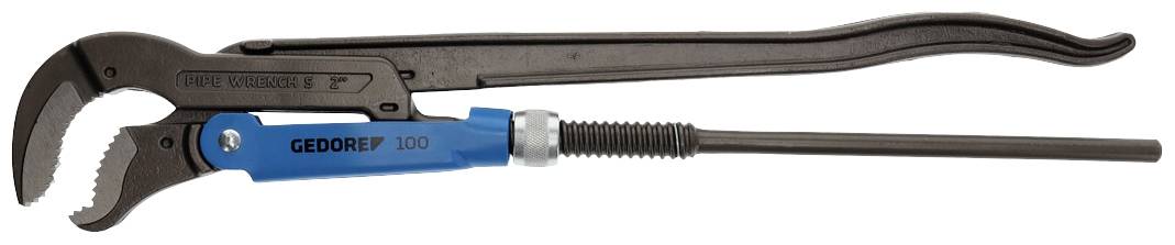 Pipe pliers with a blue handle, opened. Used for gripping and turning pipes or round objects.