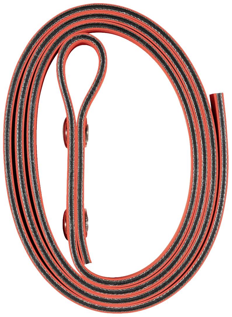 A rolled-up, two-colour robust strap with black and red stripes, most likely for outdoor activities or sports equipment.