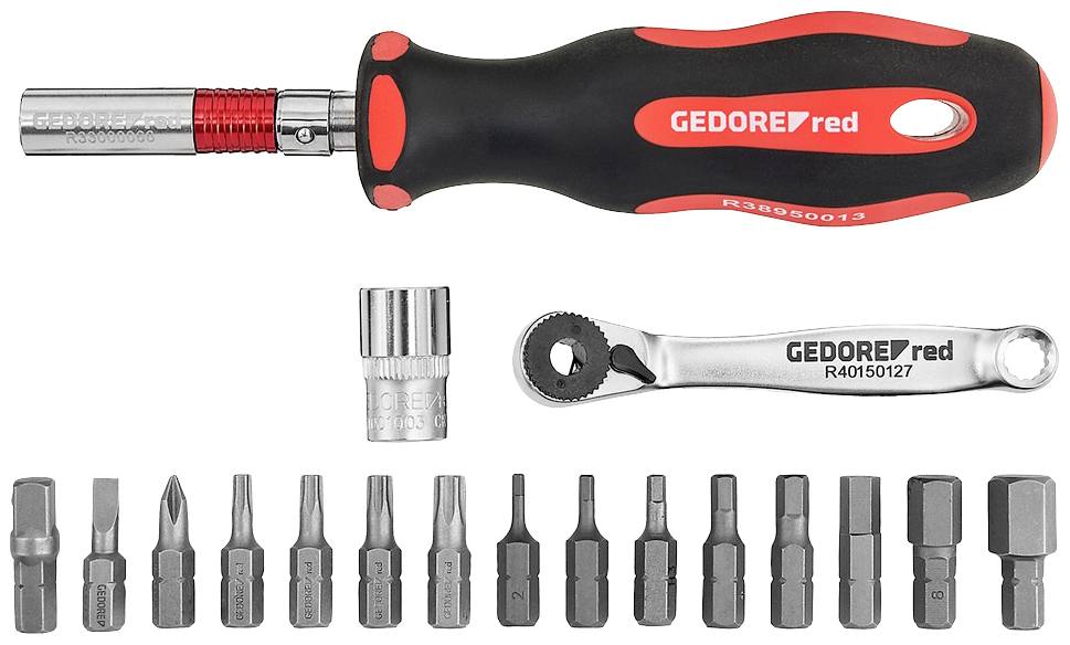 Tool set with screwdriver handle, ratchet, socket and 15 different bits. Gedore Red brand name visible.