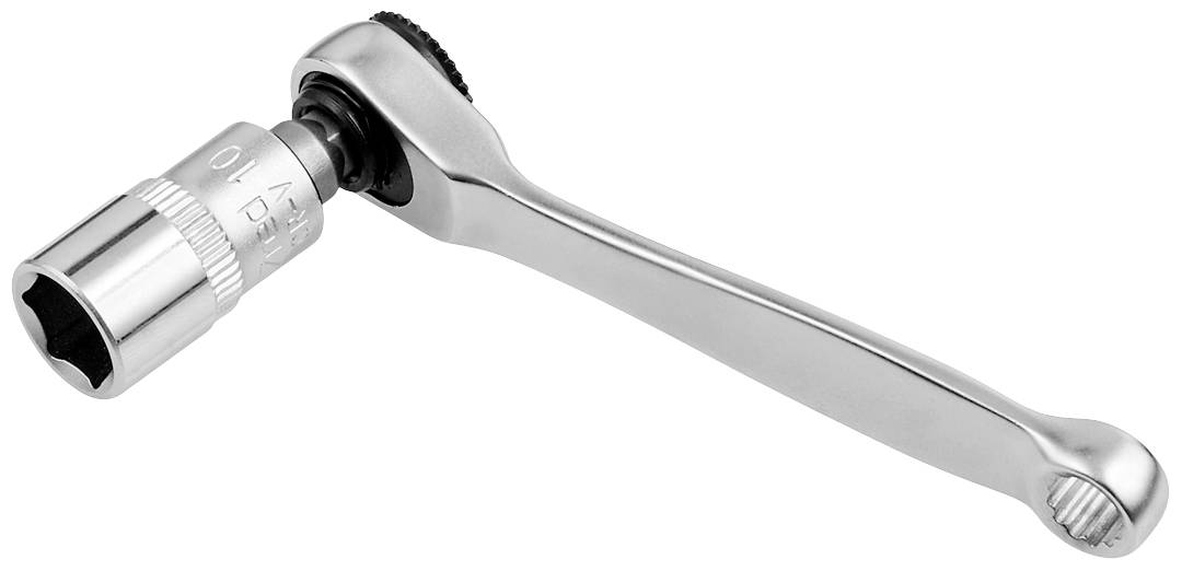 A silver ratchet with a socket attachment, suitable for tightening or loosening screws and nuts.