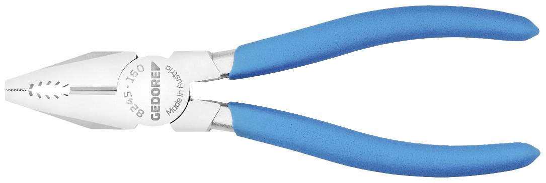A silver flat-nosed pliers with blue handles, bearing the 'GEDORE' logo. It is used for gripping and cutting tasks.