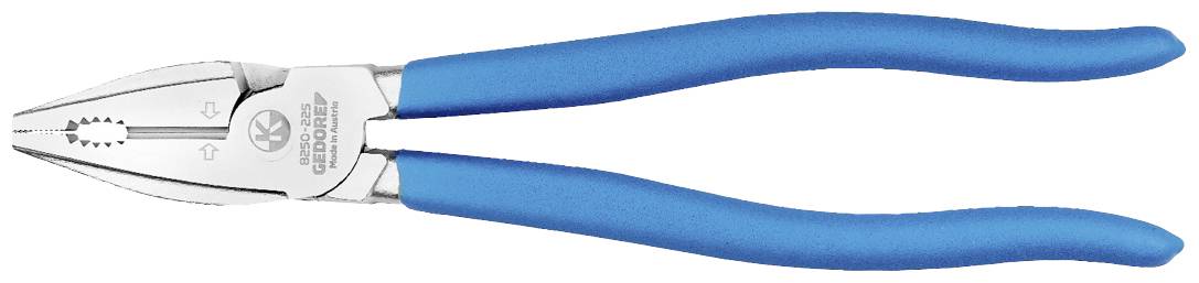 A silver combination pliers with blue, rubber-coated handles, suitable for gripping, cutting, and bending wires or other materials.