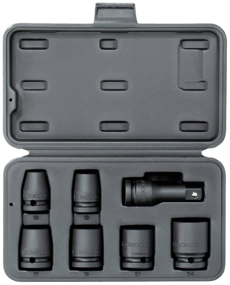 Socket wrench set in storage case, comprising six sockets and an adaptor, suitable for various thread sizes.