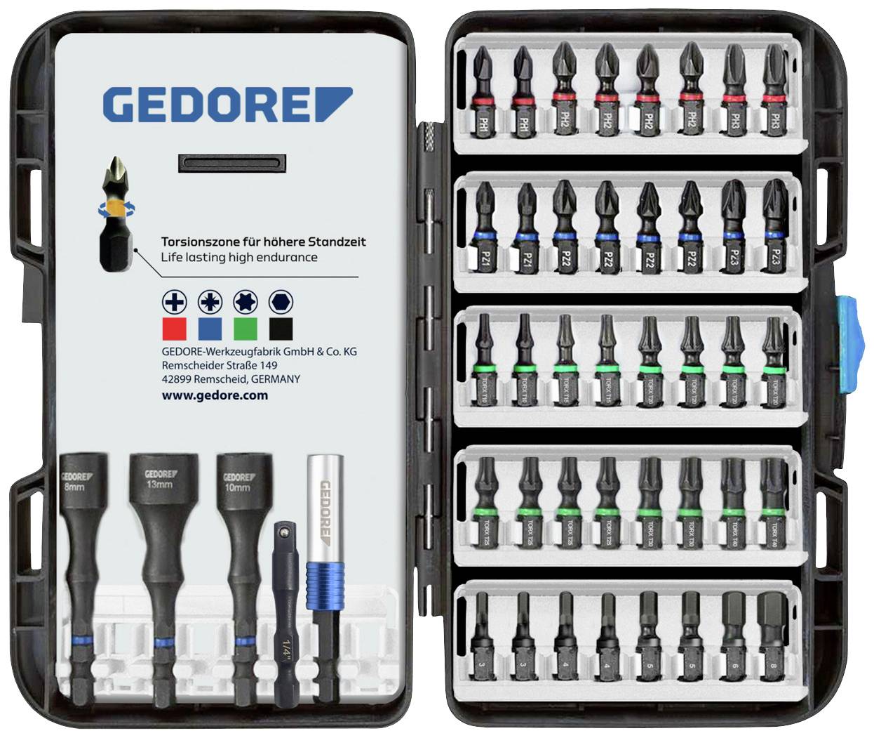 'GEDORE' tool case with various screwdriver bits and sockets, including torsion zone for improved durability.