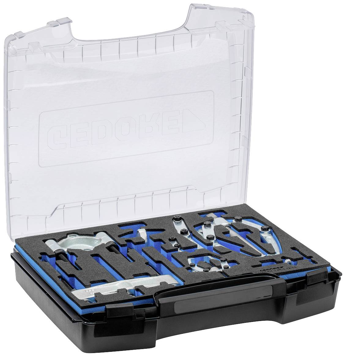 An opened black tool case with foam lining, organised to hold various mechanical tools in blue and silver.