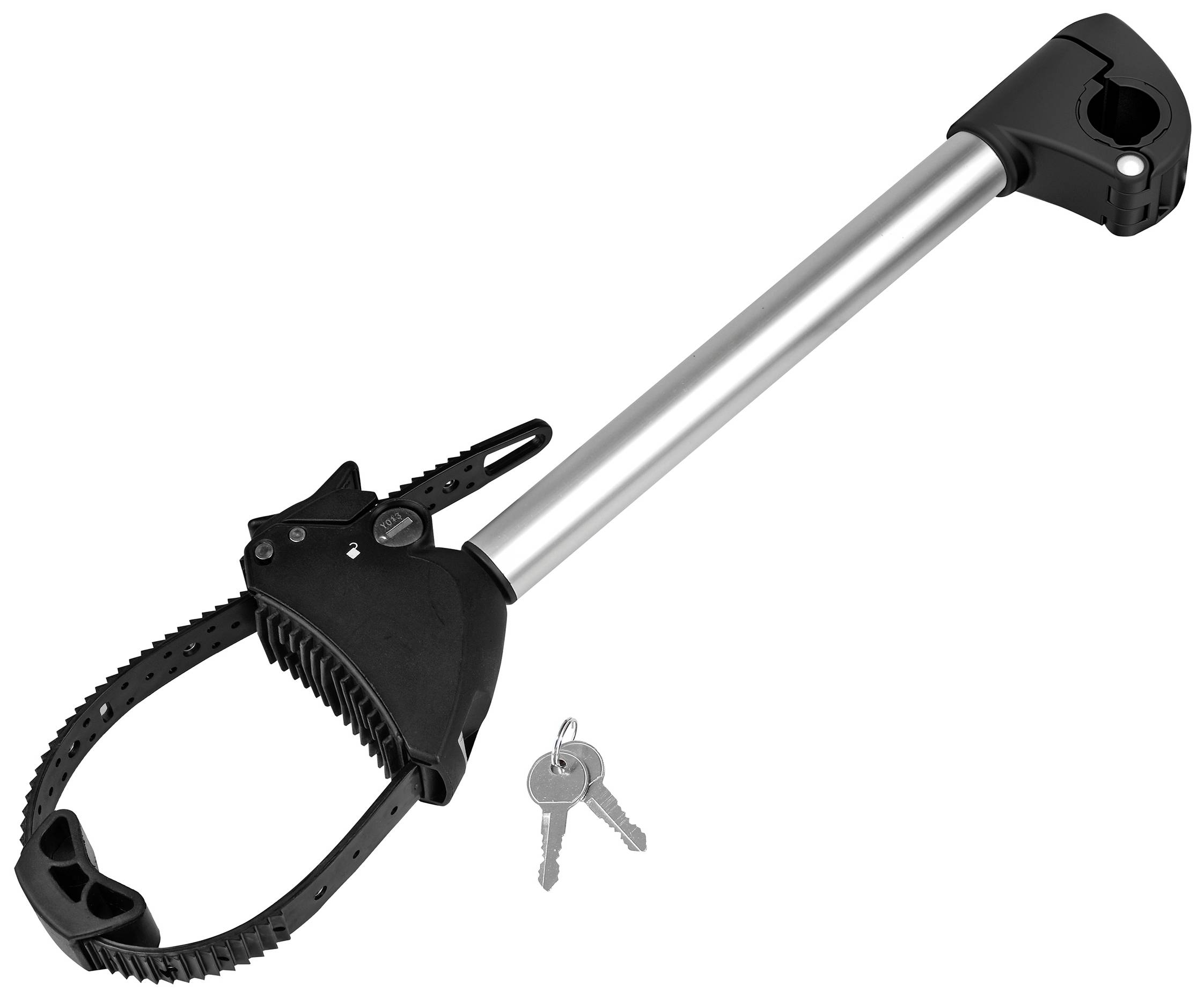 Bicycle frame lock with a silver, robust metal shackle and black locking mechanism, with two keys beside it.