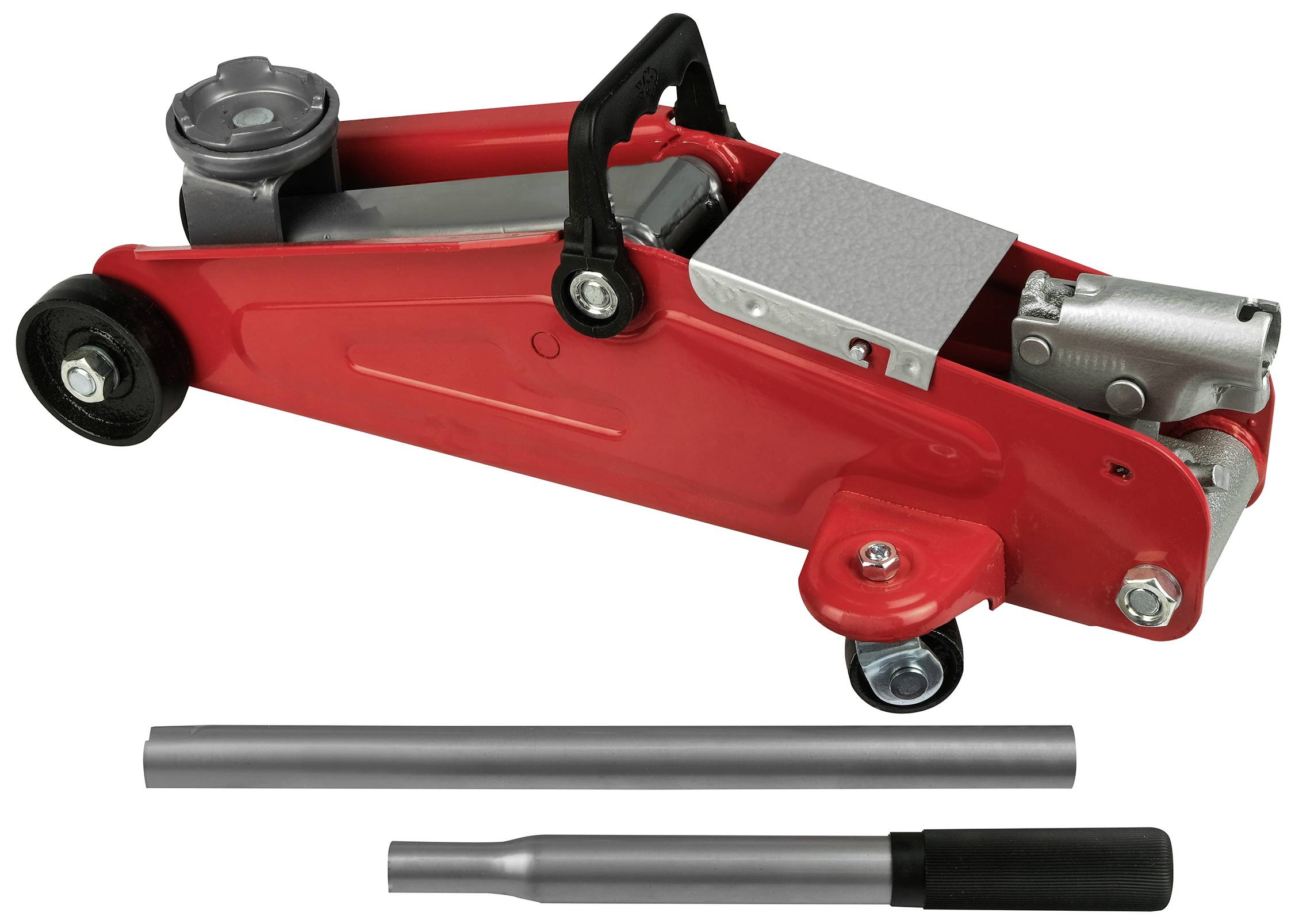 A red hydraulic jack with two silver lever arms, suitable for lifting vehicles for repair or maintenance work.