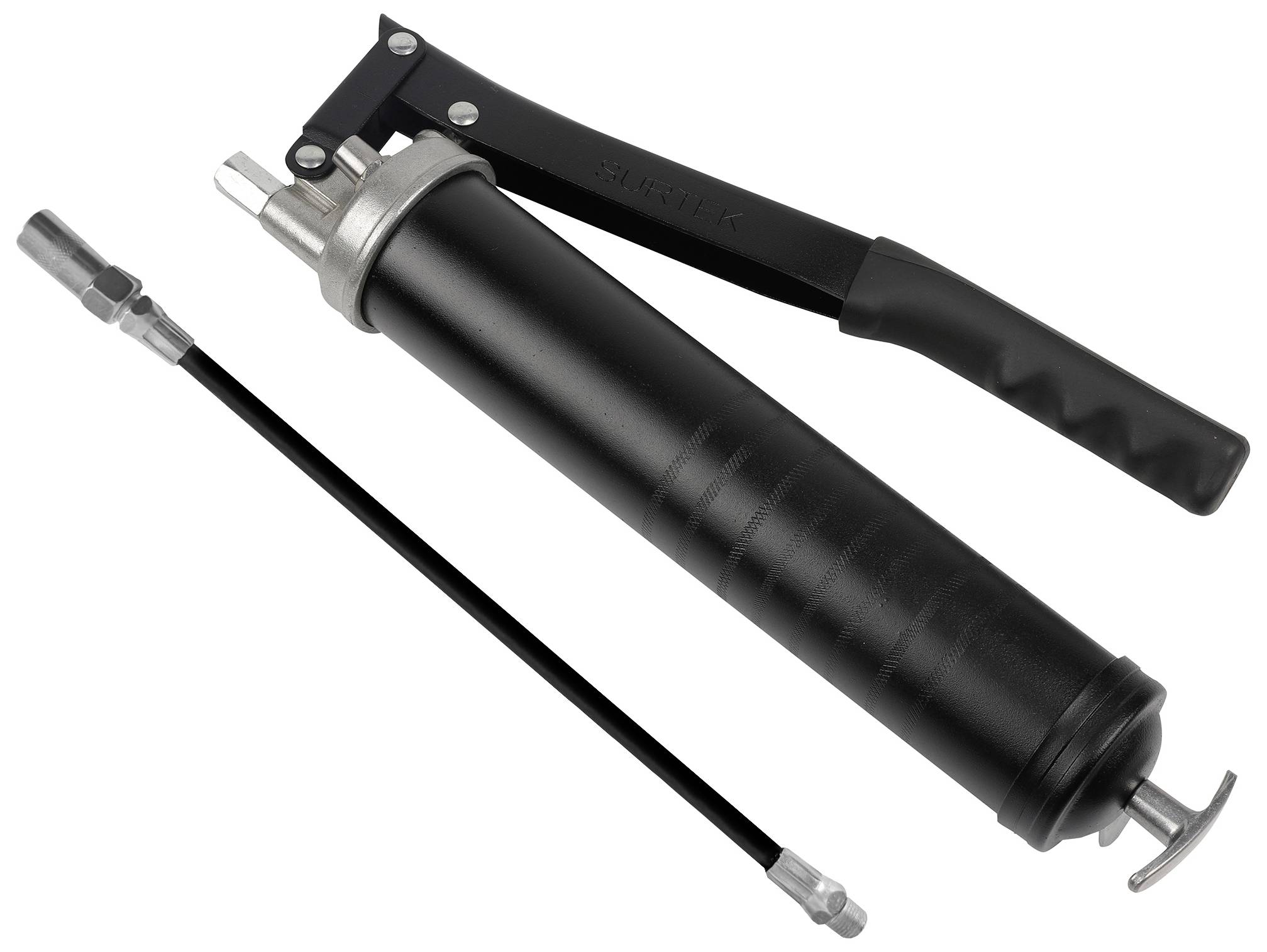 Black grease gun with removable nozzle and handle, used for lubricating machines and tools.
