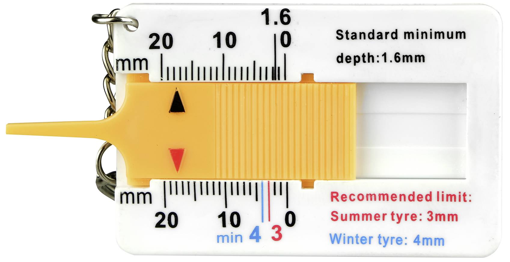 Tyre tread depth gauge with scale shows depth measurement from 1 to 20 mm. Markings for summer tyres (3 mm) and winter tyres (4 mm) are visible.