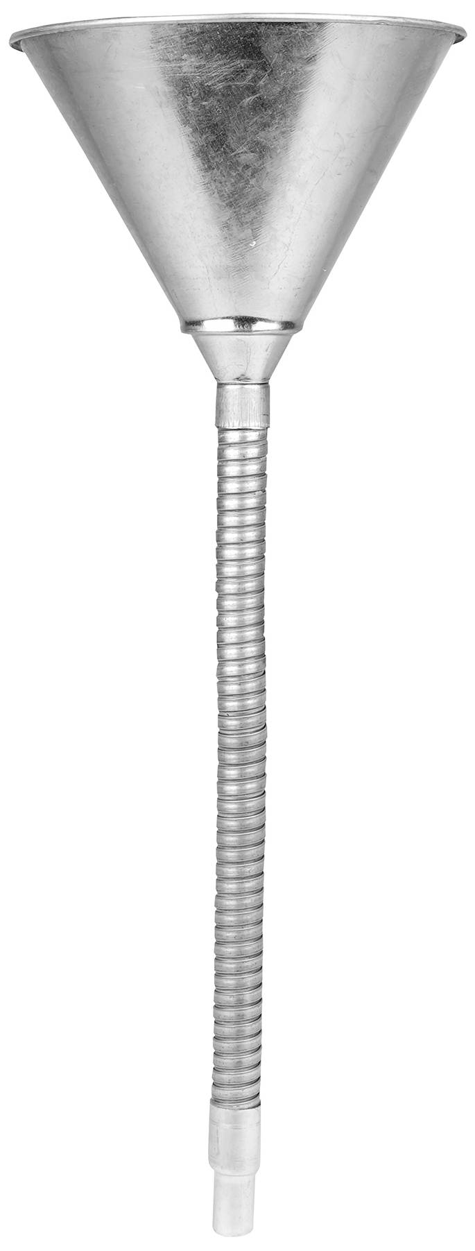 A metal funnel with a flexible extension hose for precise liquid filling. Ideal for workshop or household use.