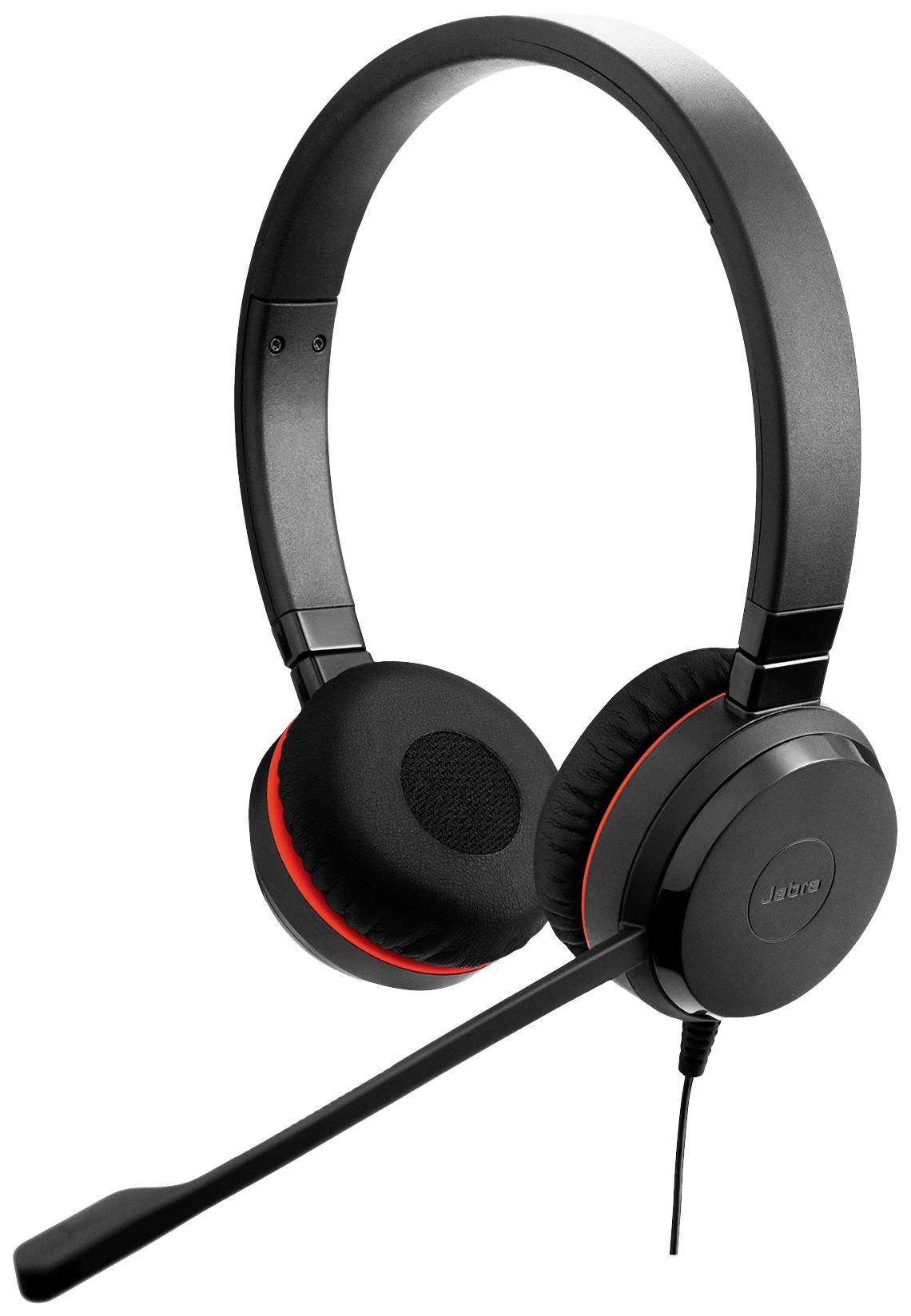 A black headset with a microphone arm. It has red accents on the ear cups and is wired; suitable for communication.