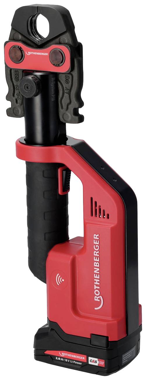 Electrohydraulic pressing tool by Rothenberger, red and black, with battery, suitable for processing press fittings.