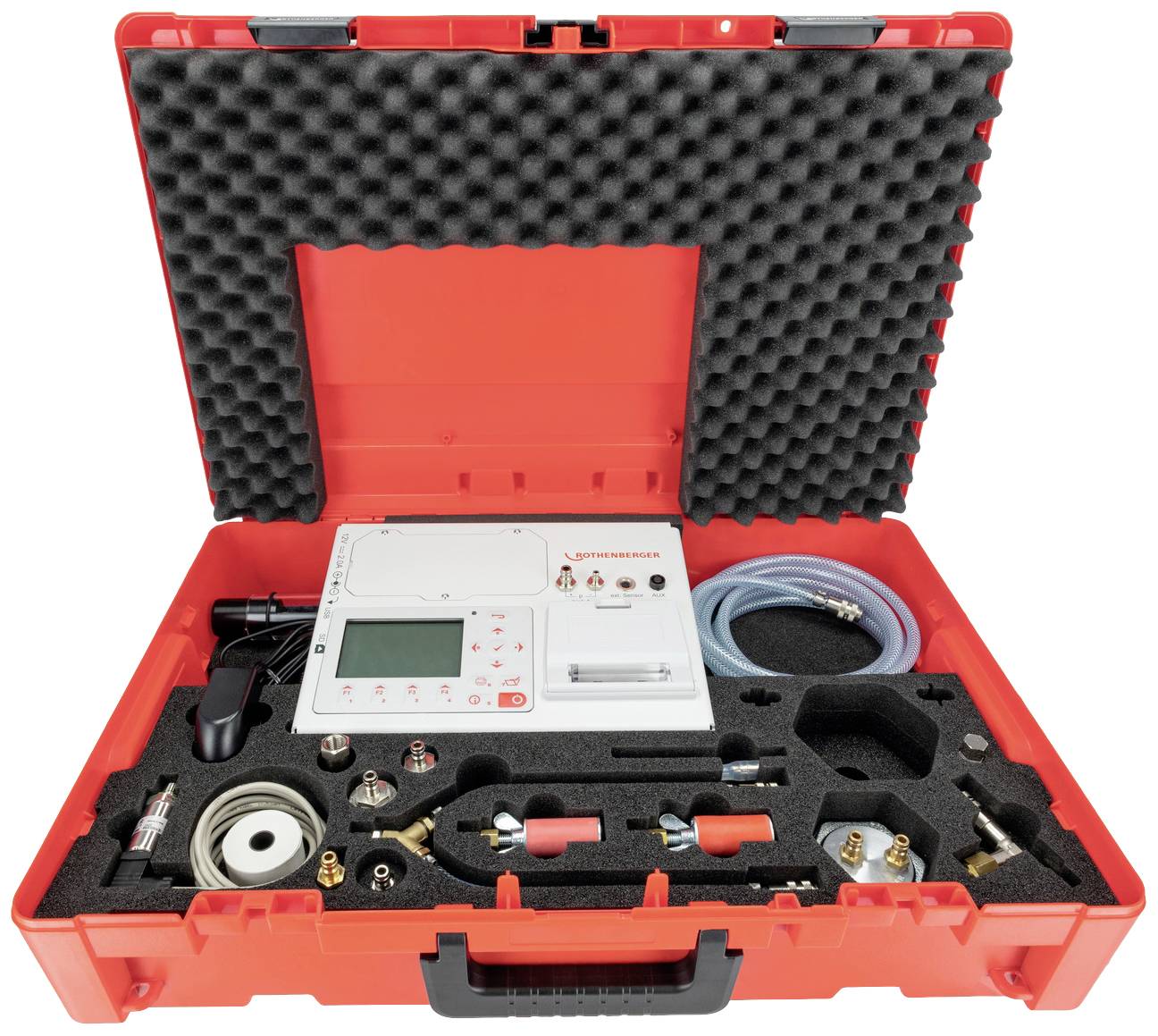 A red suitcase with a diagnostic tool and accessories, including tubes and cables, carefully organised in foam inserts.