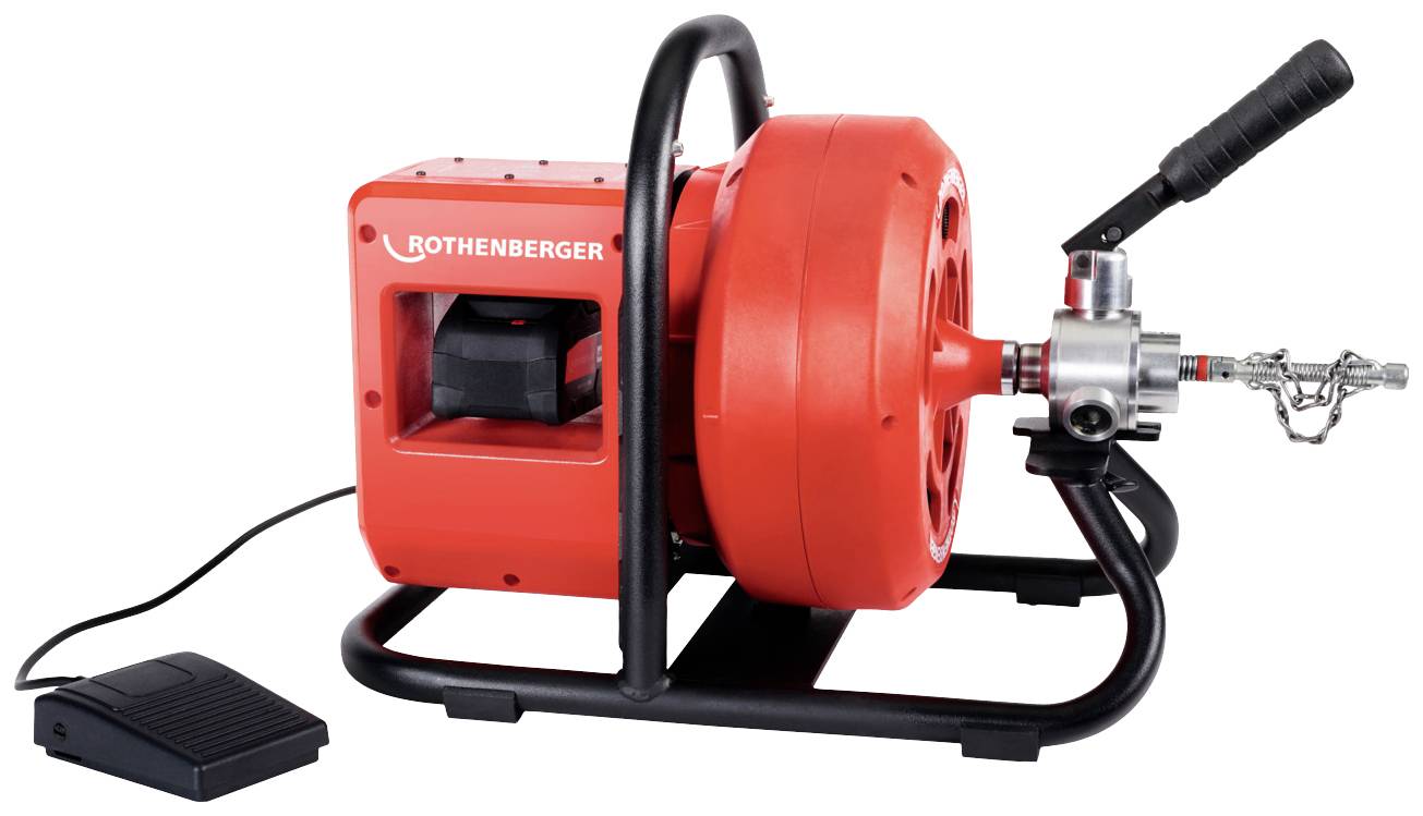 Drain cleaning device with a red casing, side view. Includes a foot switch and large wheel. Brand name visible on the casing.