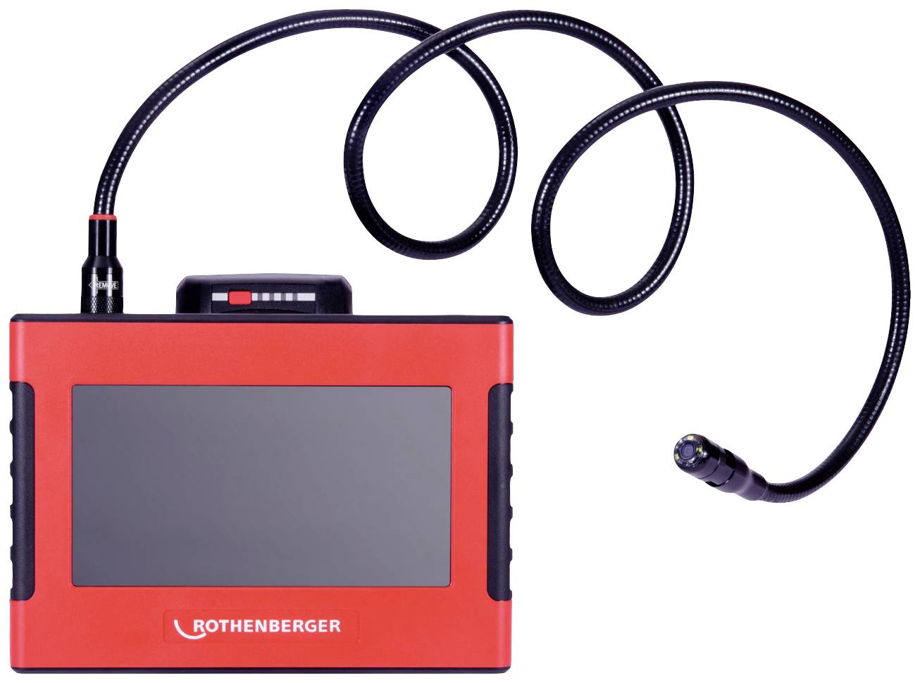 Portable inspection device in red with flexible camera. Used for checking hard-to-reach areas. Marked with 'Rothenberger'.