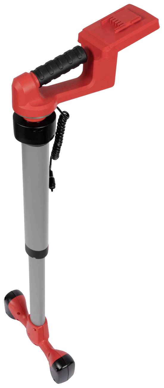 Red and grey walking stick with an ergonomic handle and four feet for stability.