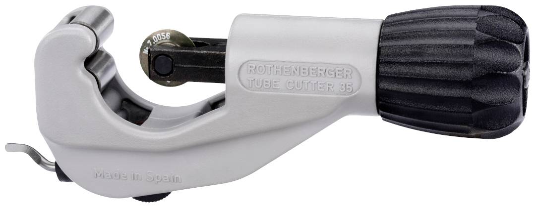 Silver pipe cutter with black handle, suitable for precise metal pipe cutting, brand name engraved on the side.