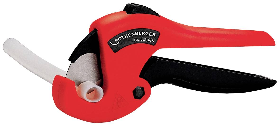 Red and black pipe cutting pliers by Rothenberger, used for precise cutting of plastic pipes.