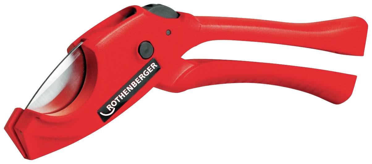 Red pipe cutters, ergonomic handle, robust design, suitable for precise cutting of plastic pipes. Brand name visible.