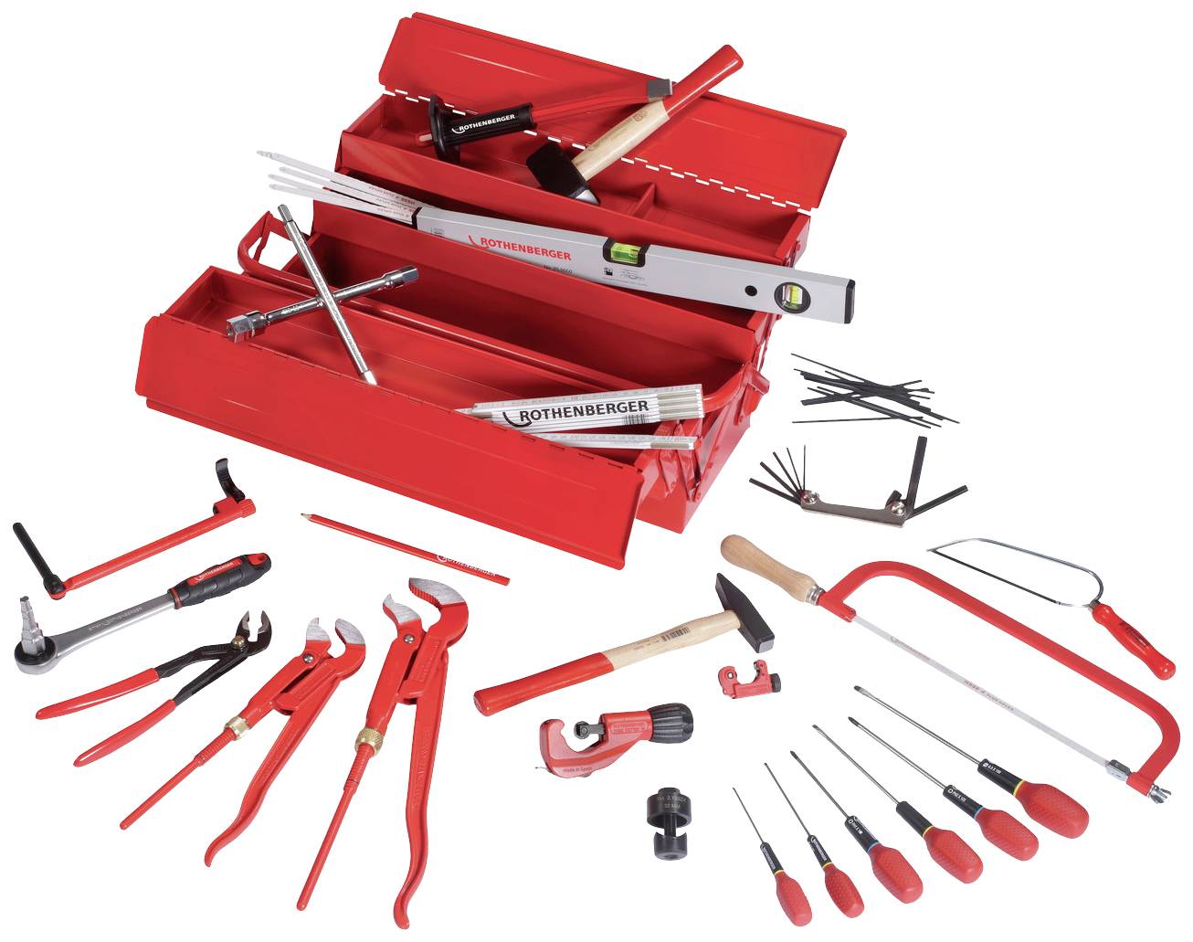 A red toolbox with an open lid displays various tools such as screwdrivers, pliers, a hammer and a saw, against a white background.