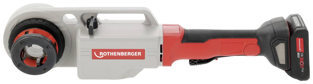 Cordless battery-powered pipe cutting tool by Rothenberger, side view; ergonomic design with carrying handle and removable battery.