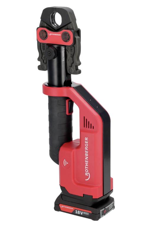 Electric press tool in red and black with an ergonomic handle, used for connecting pipes in plumbing and heating installations.