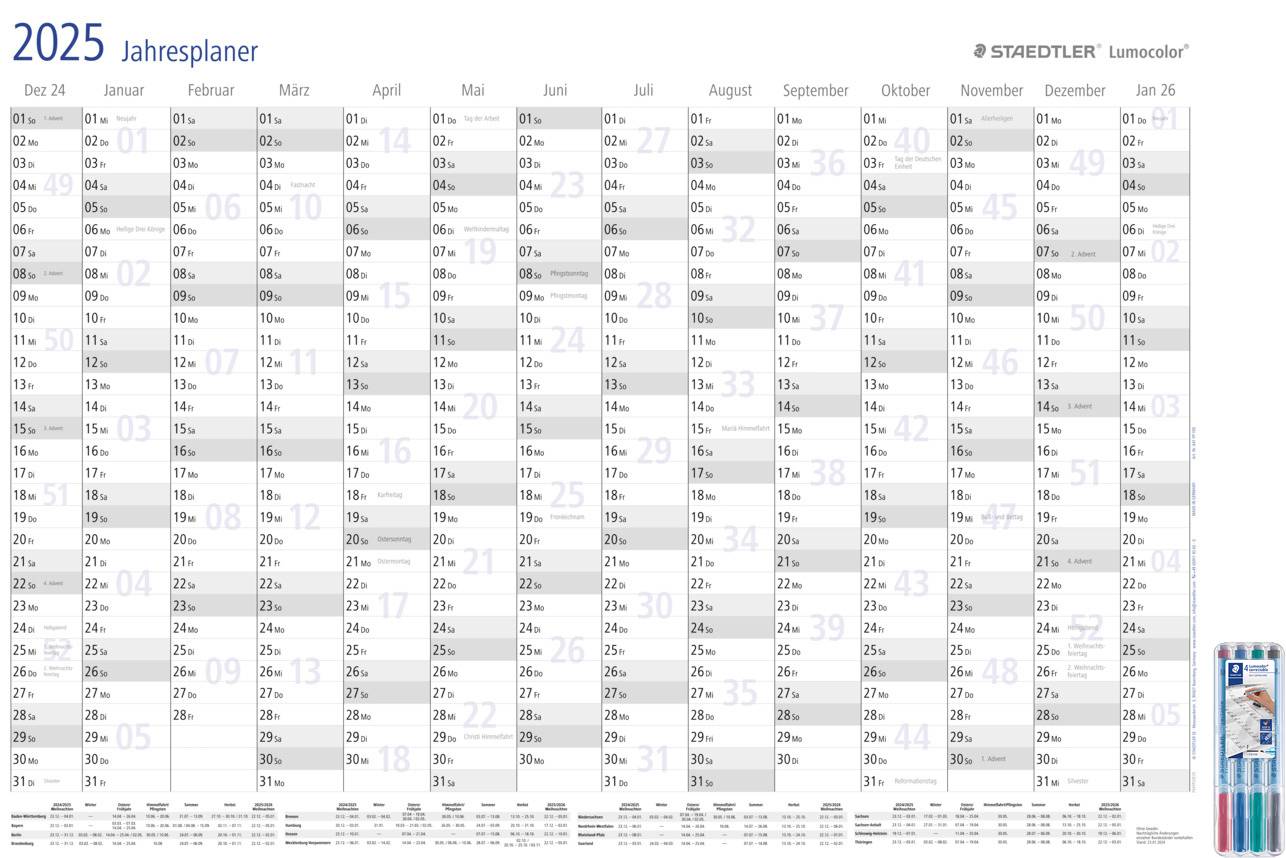 2025 Annual Planner with columns for each month, starting from December 2024. Each day is numbered. Pens are located in the bottom right corner.