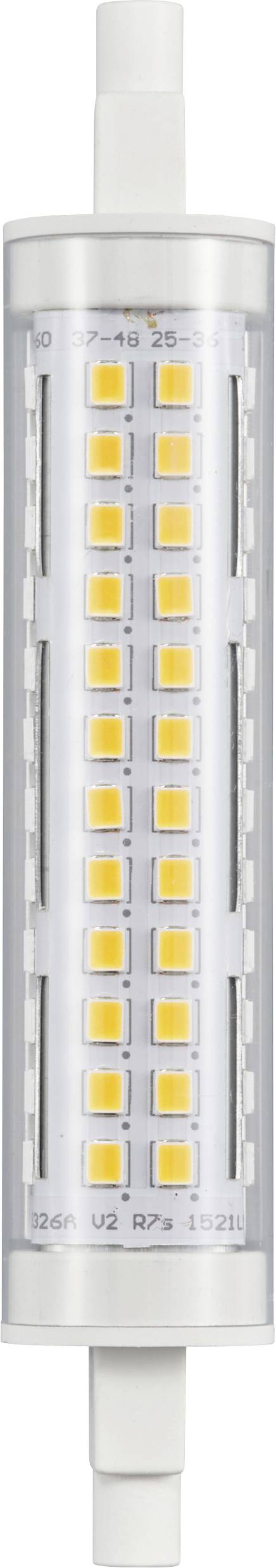 A cylindrical LED lamp with multi-row yellow light-emitting diodes in a silver housing. It has contact pins at both ends.