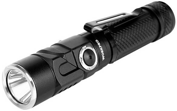 A black, compact torch with a textured surface and clip, marked with 'WORKPRO' on the side.