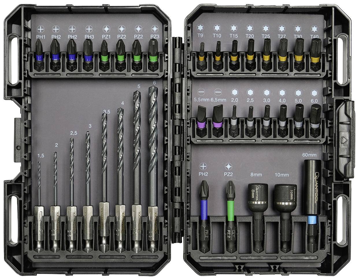 Black tool box with various drill and screwdriver bits, sizes marked. Upper half: Screwdriver bits. Lower half: Drill bits.