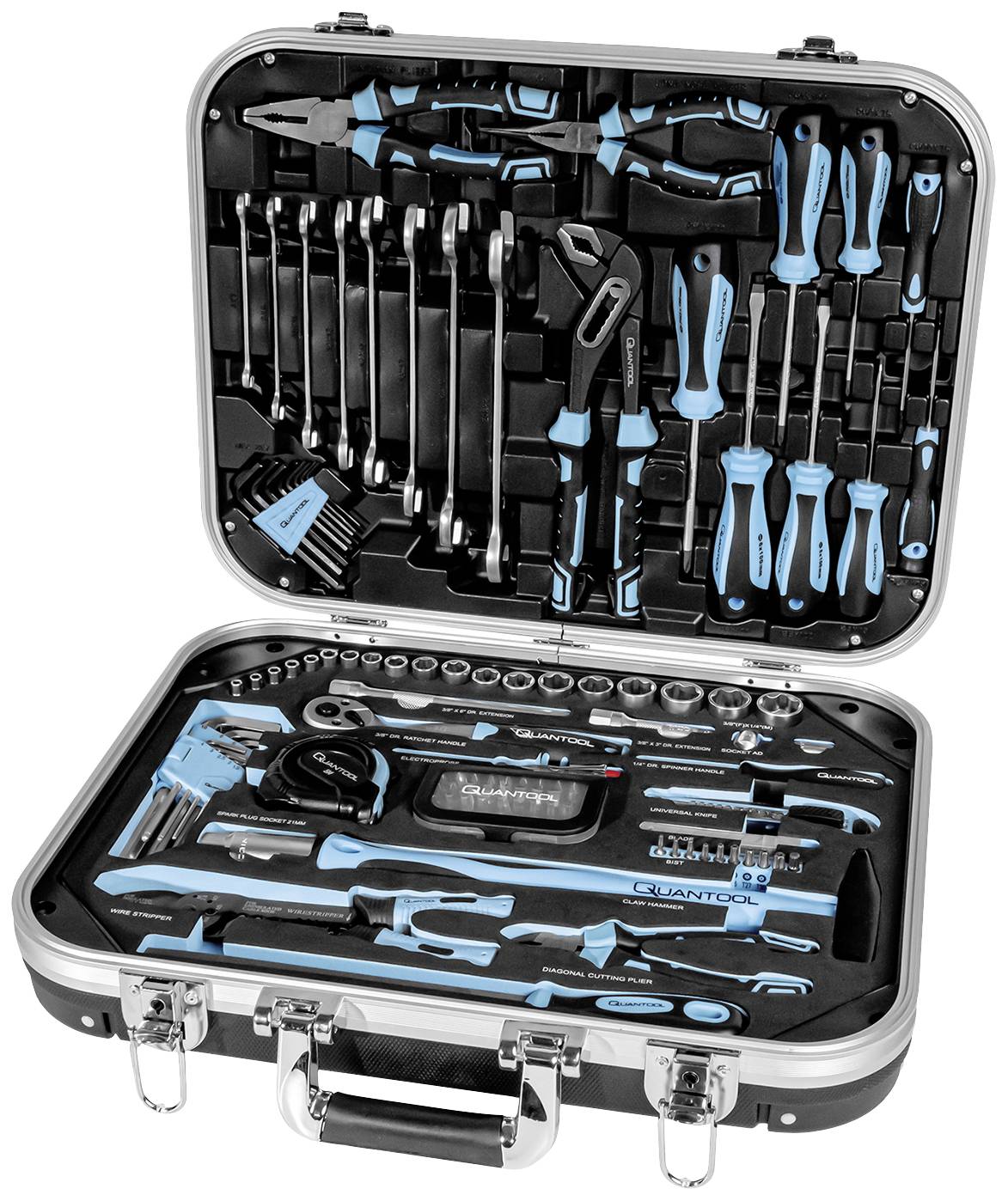 An open toolbox with various tools in organised compartments. Contains spanners, pliers, screwdrivers and other hand tools.