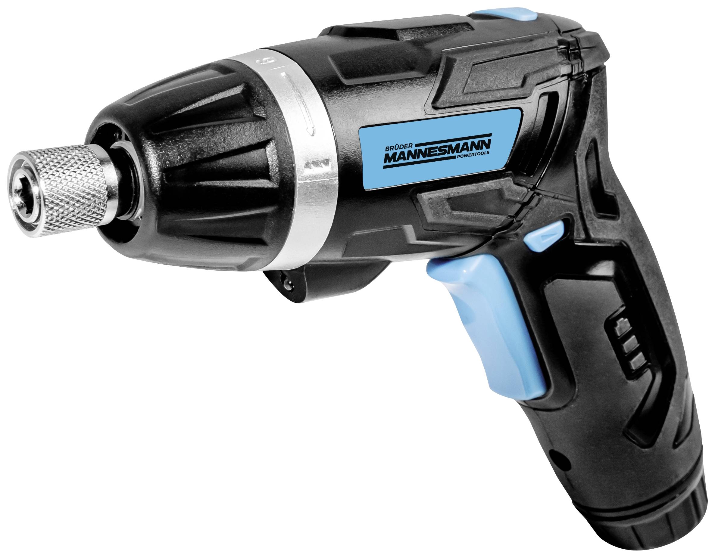 A black and blue-accented cordless drill with an ergonomic handle, depicted in a side view.