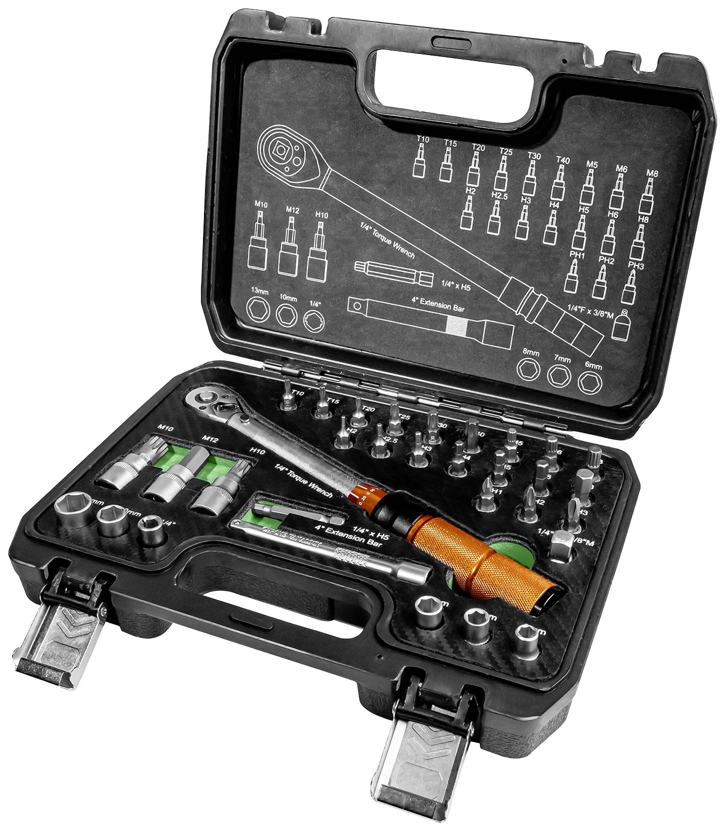Open toolbox with ratchet, sockets and extensions. Markings and size indications are on the inside of the lid.