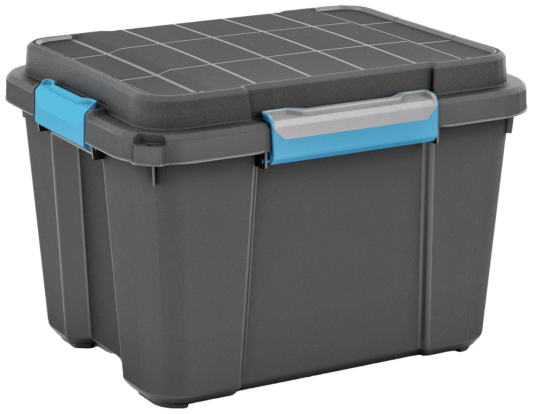 Spacious, rectangular storage box made of grey plastic with a blue lid, perfect for organising and storing items.