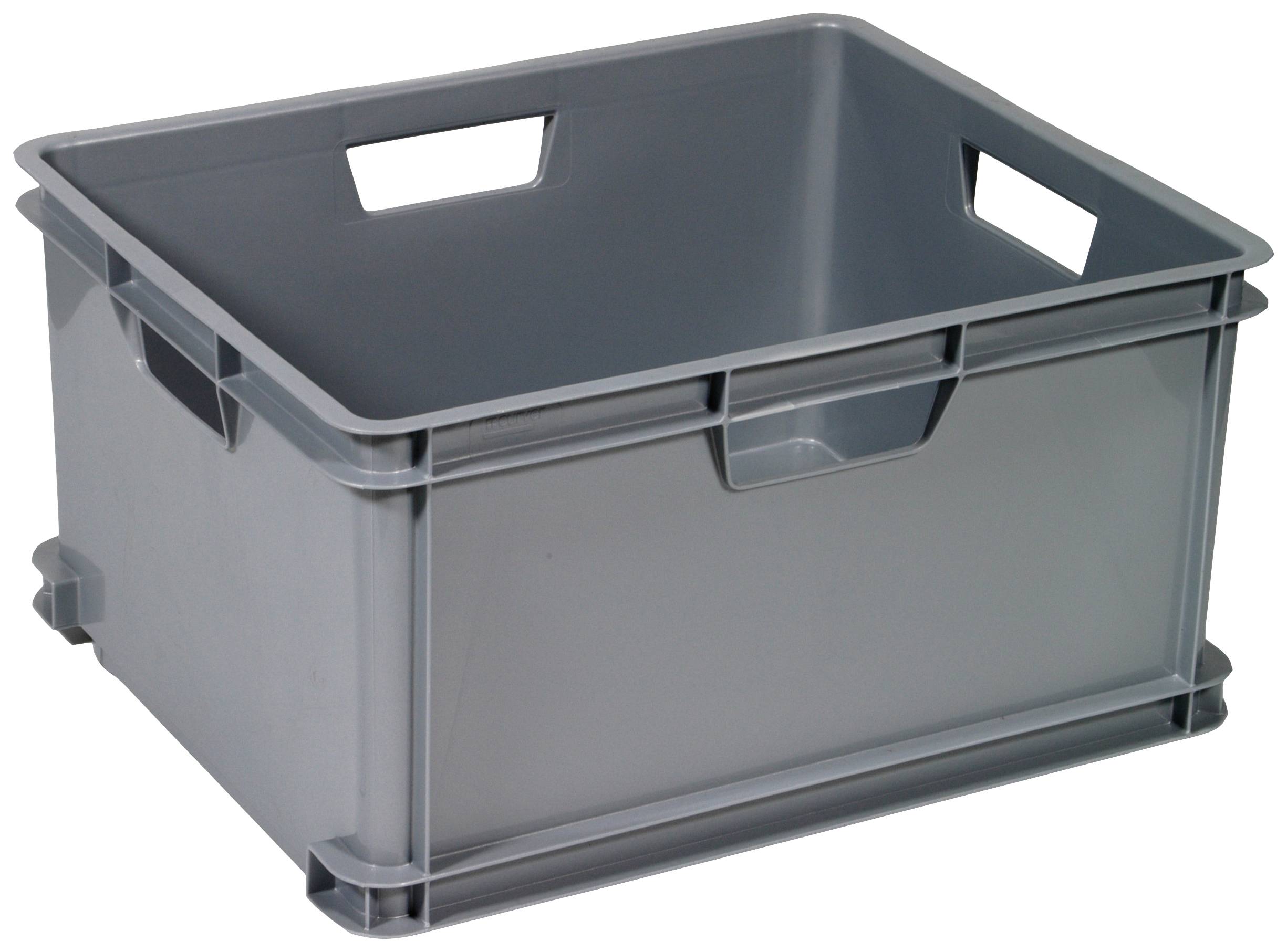 Grey plastic crate with a rectangular shape and handles on the sides, suitable for transporting or storing items.