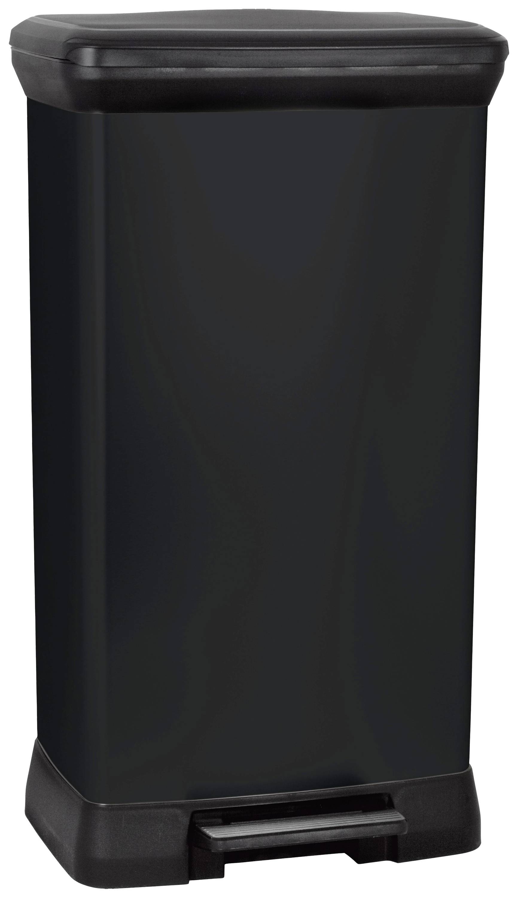 A black, rectangular rubbish bin with a foot pedal to open the lid.