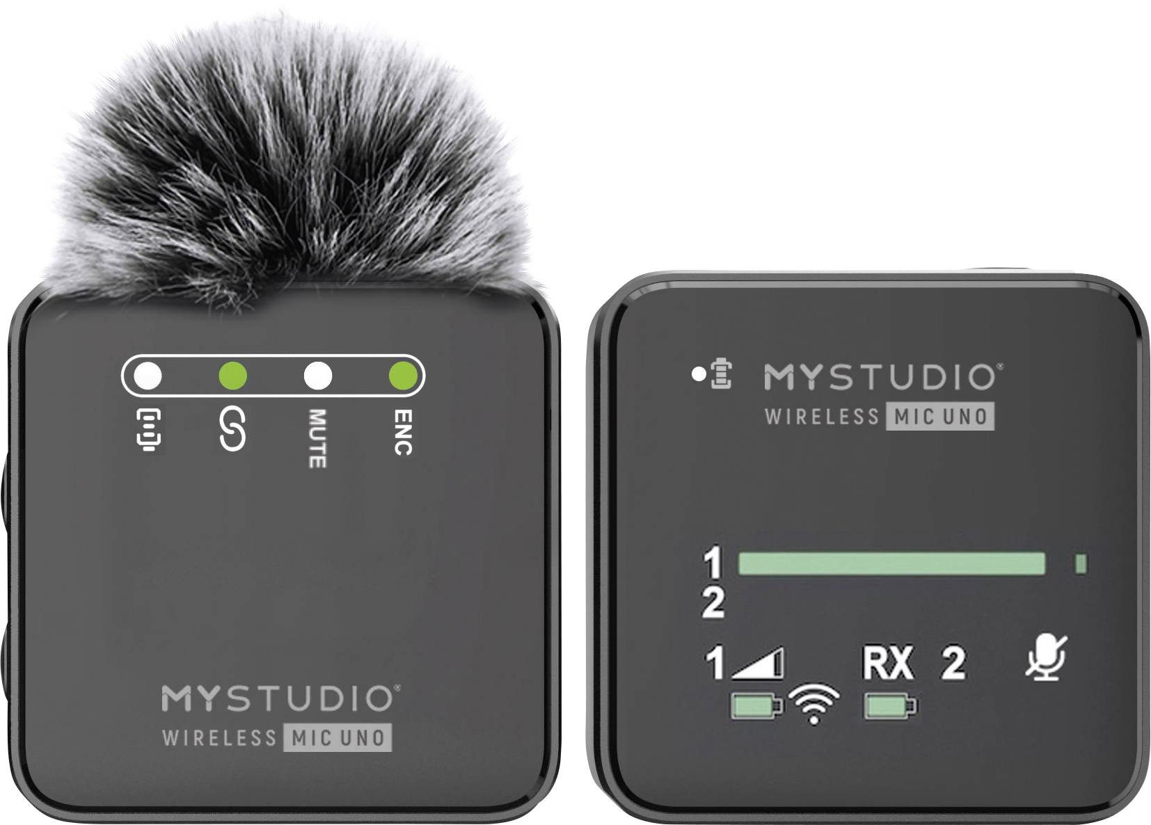Two wireless microphones with LED indicators and text 'MYSTUDIO WIRELESS MIC UNO', one with a grey windscreen.
