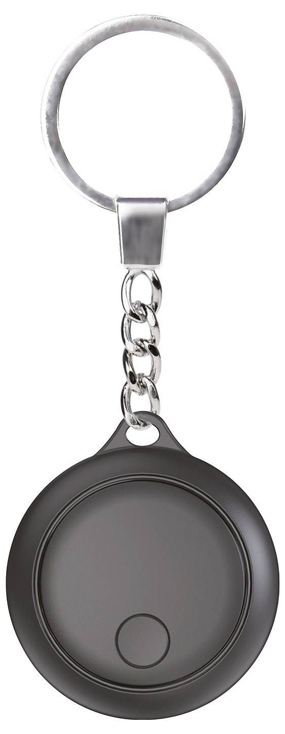 Black round keyring with a simple metal chain and blank front side.