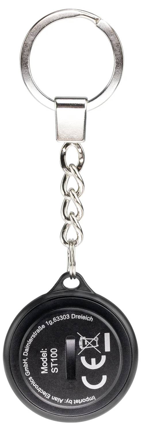 Black key fob with model number ST100, CE marking and warning that batteries should not be disposed of in household waste.