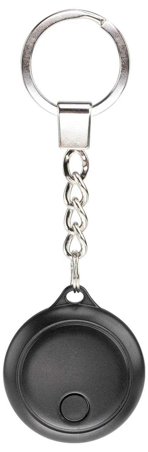 Black, round keychain with metal chain and key ring, featuring a small button on the front.
