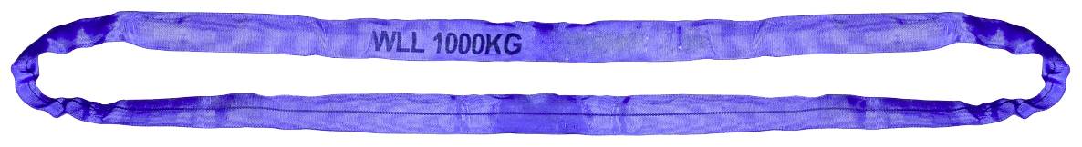 Blue round sling lifting belt with inscription 'WLL 1000 KG', suitable for lifting loads up to 1000 kilograms.