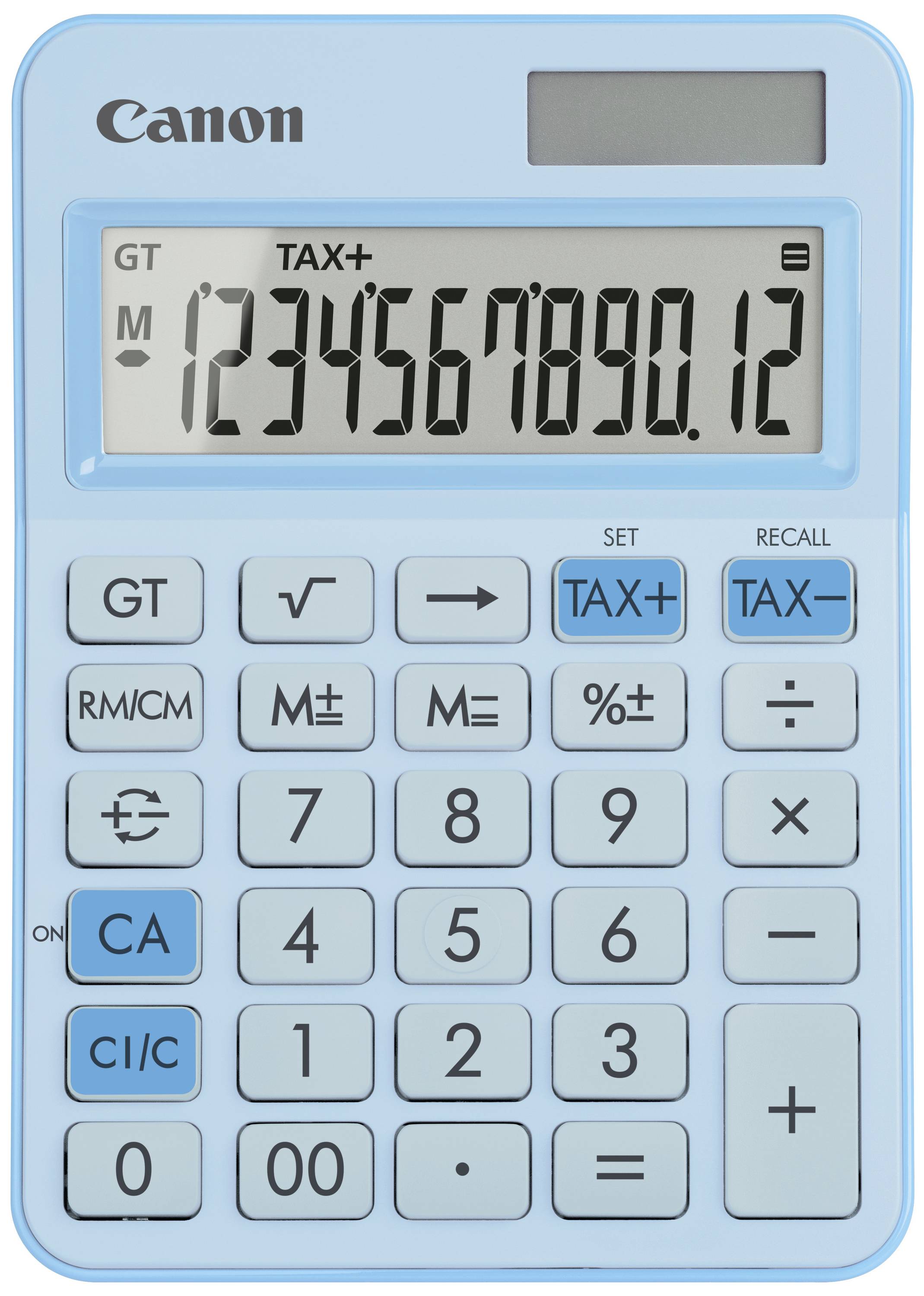 Blue calculator with standard buttons, display showing '1234567890.12'. Brand name 'Canon' in top left corner.