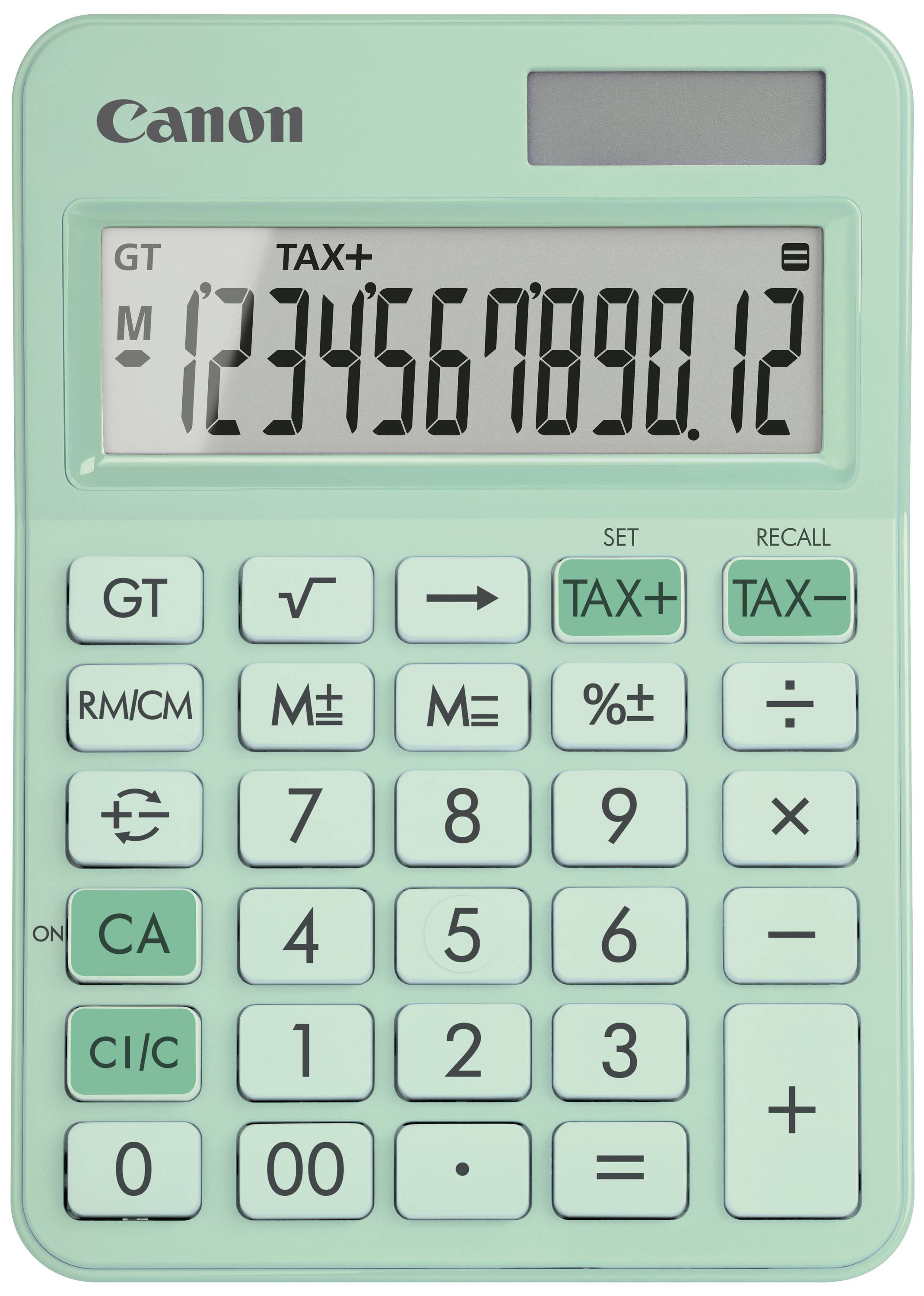 A green Canon calculator with a digital display showing the numbers '1234567890.12'. Features include RM/CM and TAX+ functions.