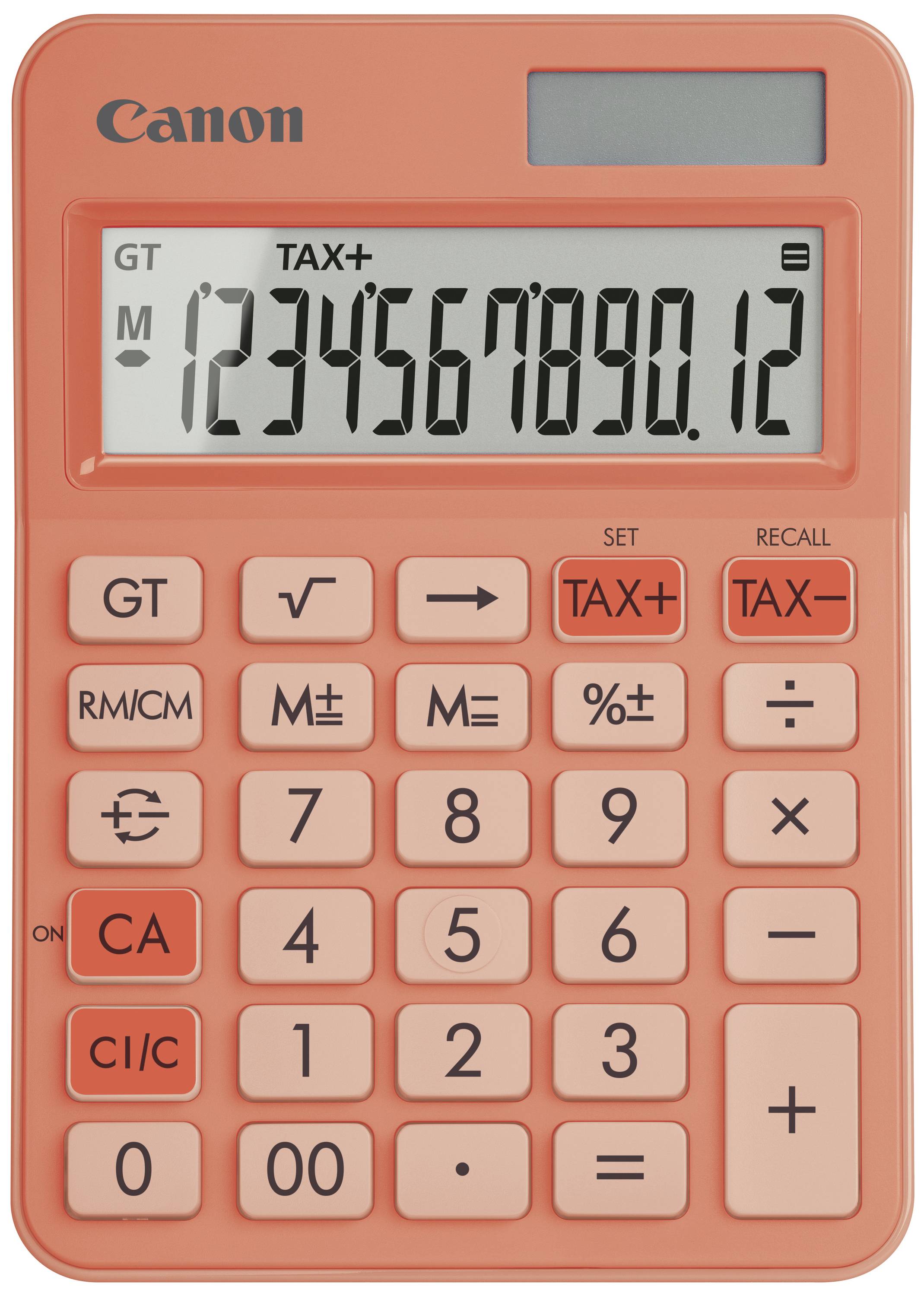 An orange Canon calculator with black and grey buttons. The display shows the number '1234567890.12'.