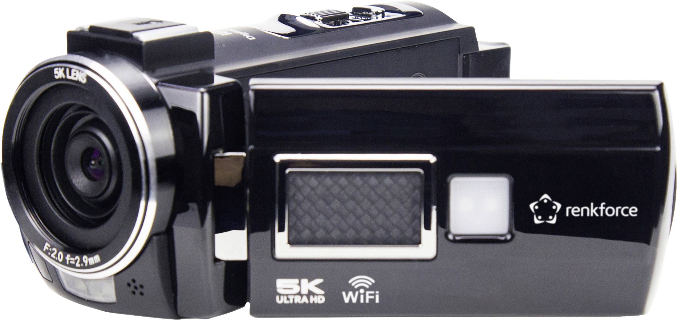 A black digital video camera with a foldable display. Labels '5K ULTRA HD' and 'WiFi' are visible.