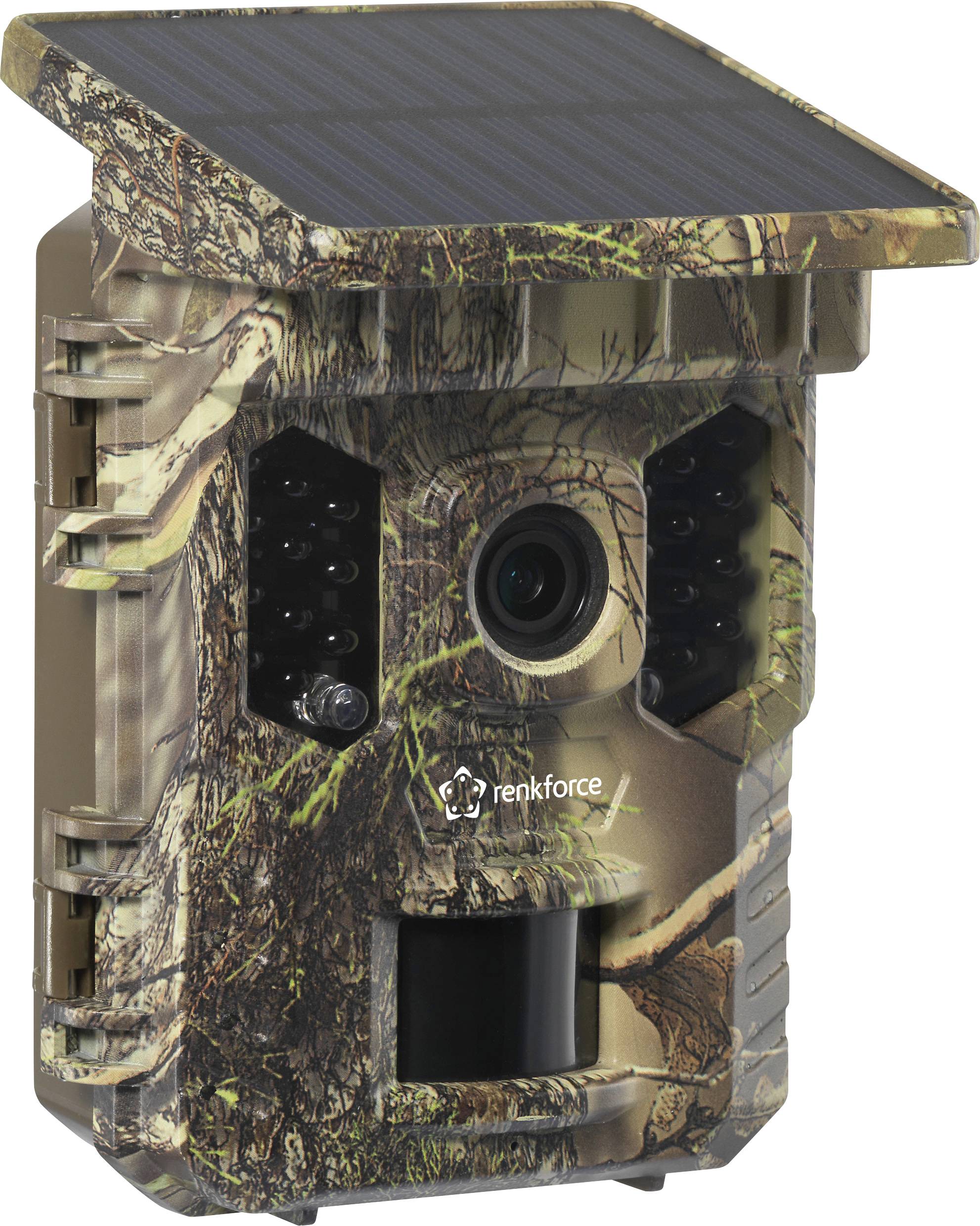 Camera with camouflage pattern and solar panel, suitable for outdoor use, equipped with infrared sensors for monitoring wildlife.