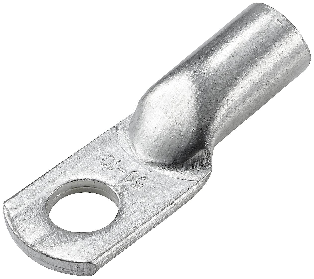 A metal conduit piece with a round mounting eyelet at the end, commonly used in electrical work for cable connections.